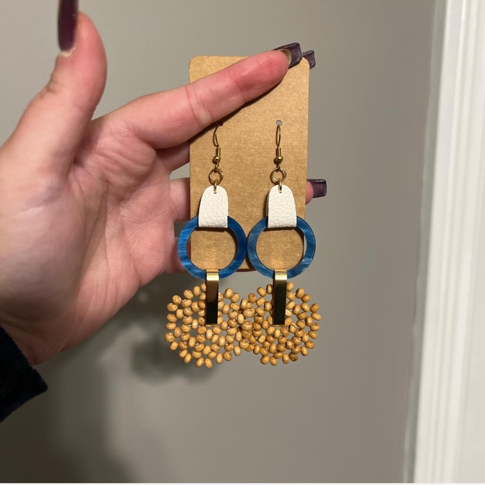 Blue and Gold Beaded Hoop Earrings